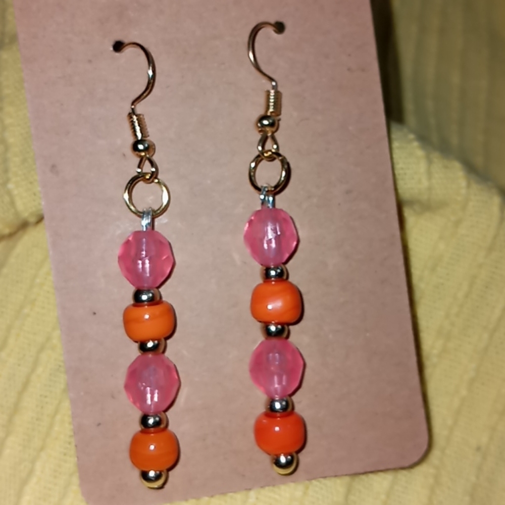 New pink crystal and orange ceramic gold earrings hand crafted